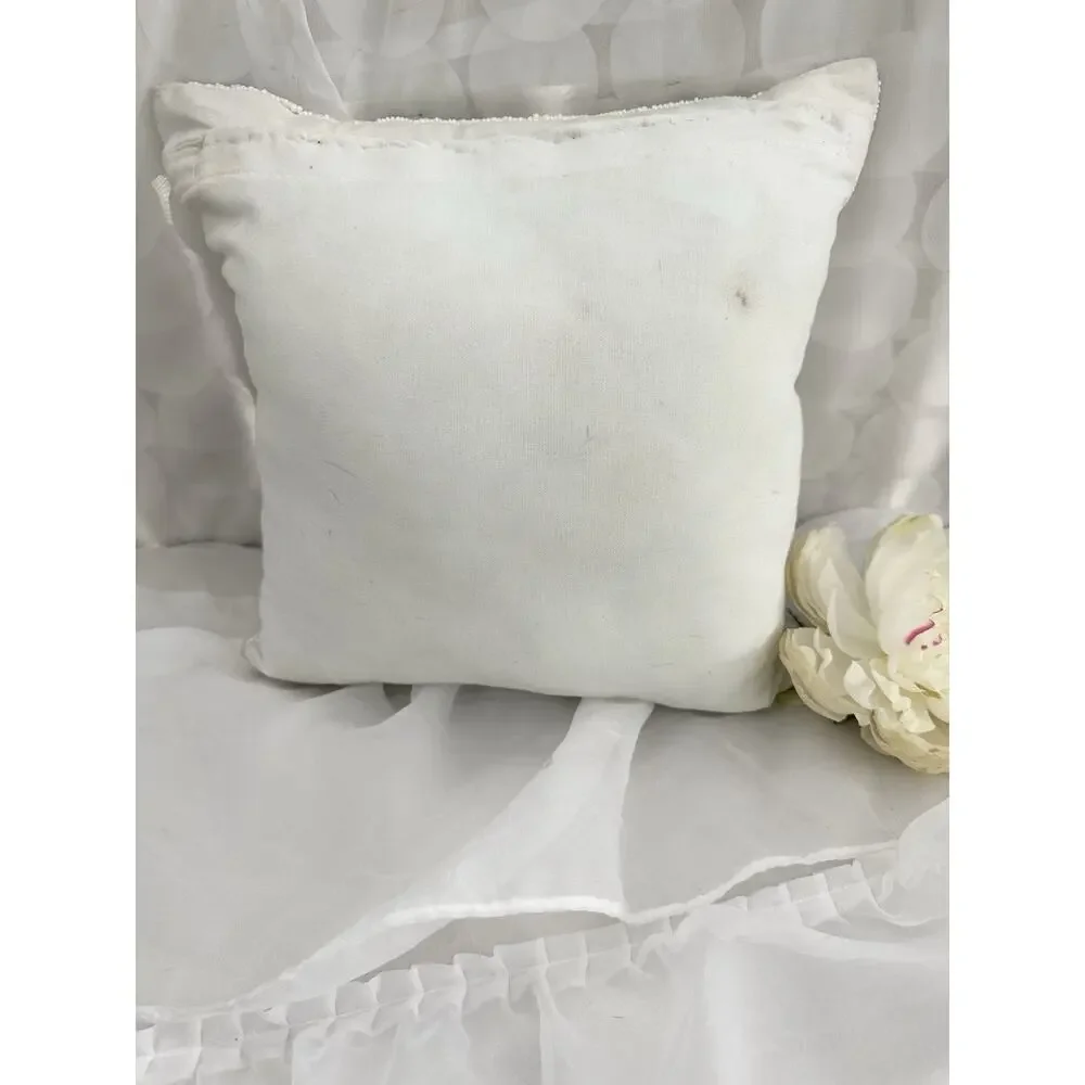 White GLASS  Beaded Accent Pillow Blue Shell Coastal Beach Teal Blue Square 12”